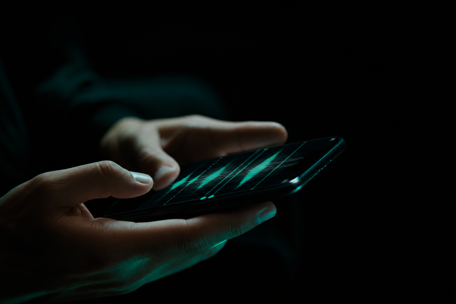 Hands holding a phone with music waveforms and teal accent light