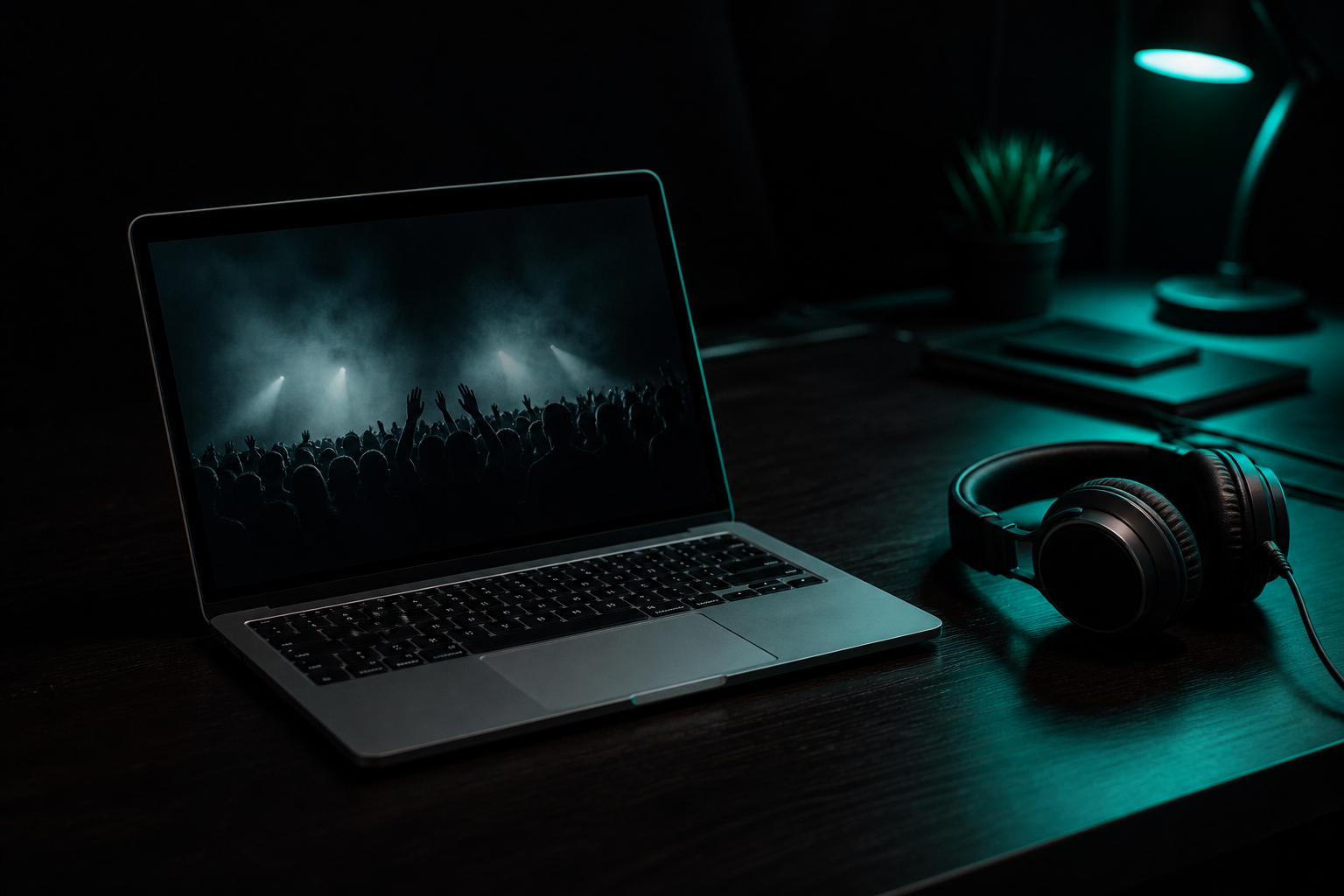 Laptop and headphones on a dark desk with teal accent light