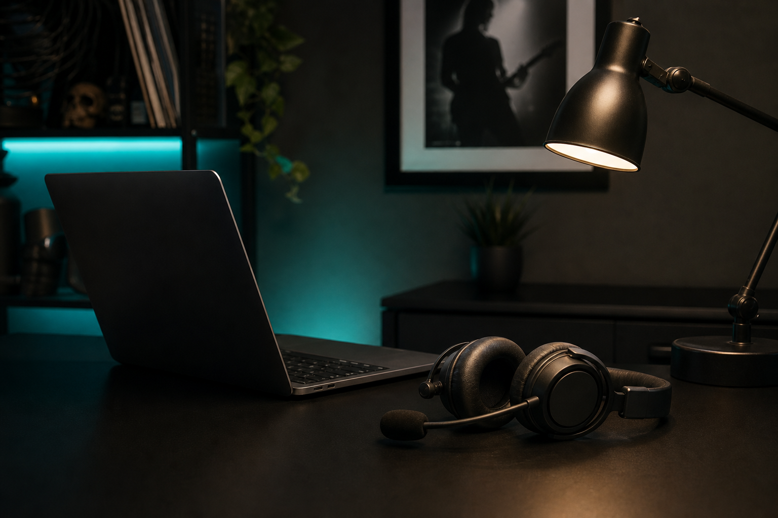 Support desk with headset and notebook under teal accent light