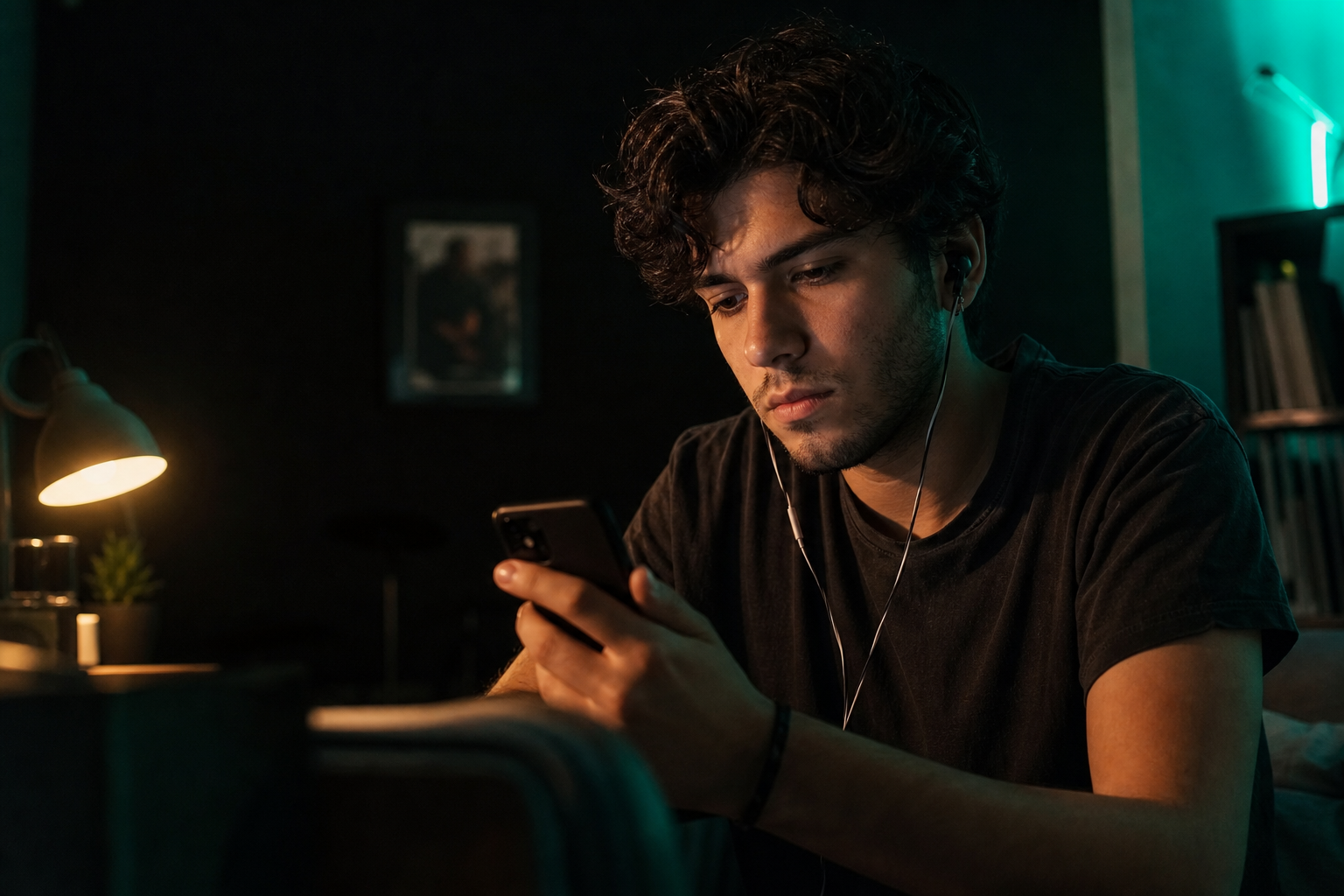 Listener reviewing music on a phone in a dim room with teal accent light