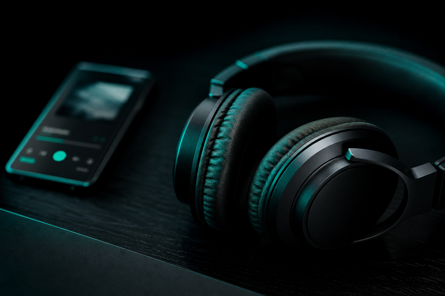 Headphones and a music player in a dark studio with teal accent light