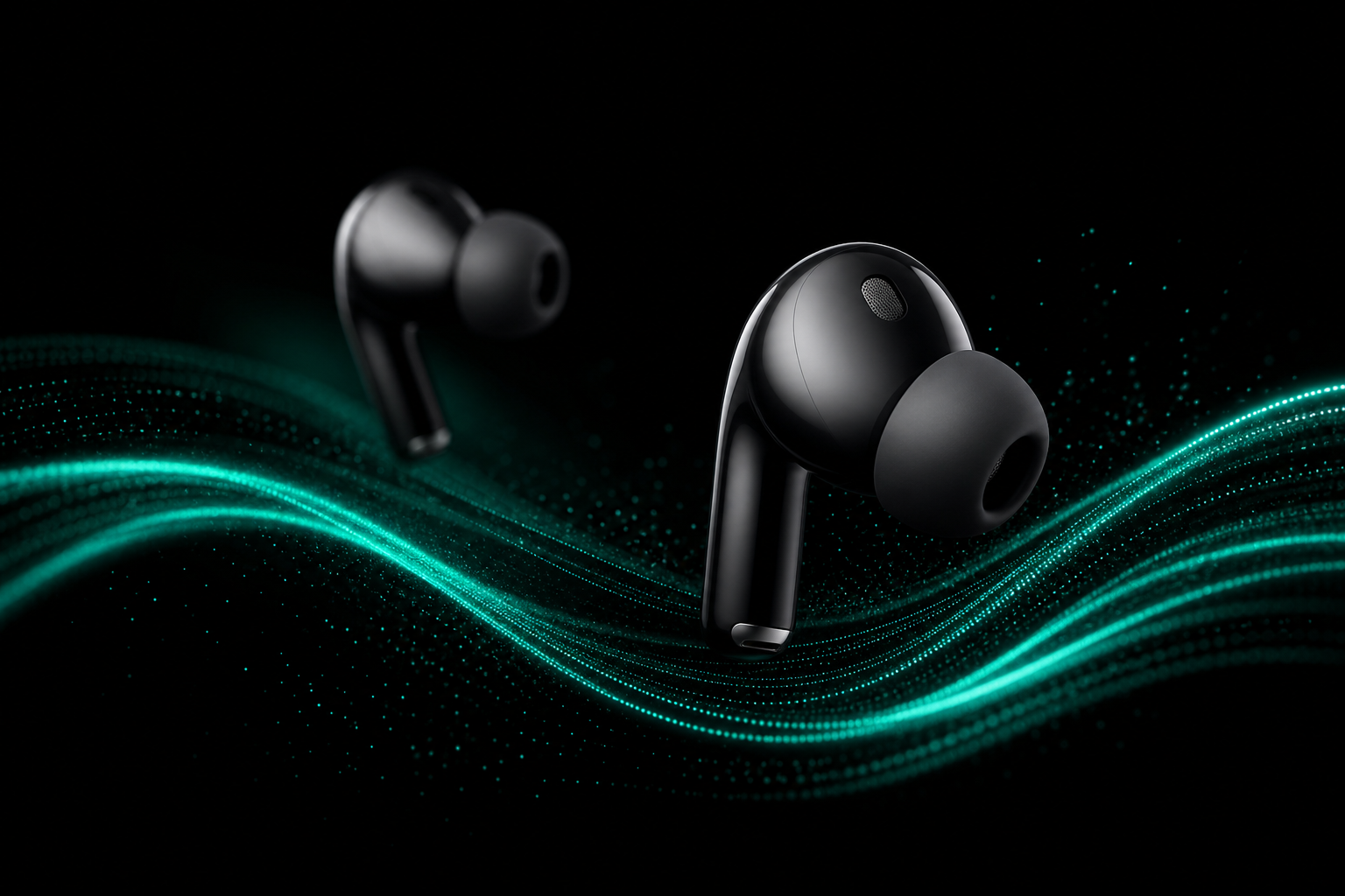 Earbuds with teal soundwave light on a dark background