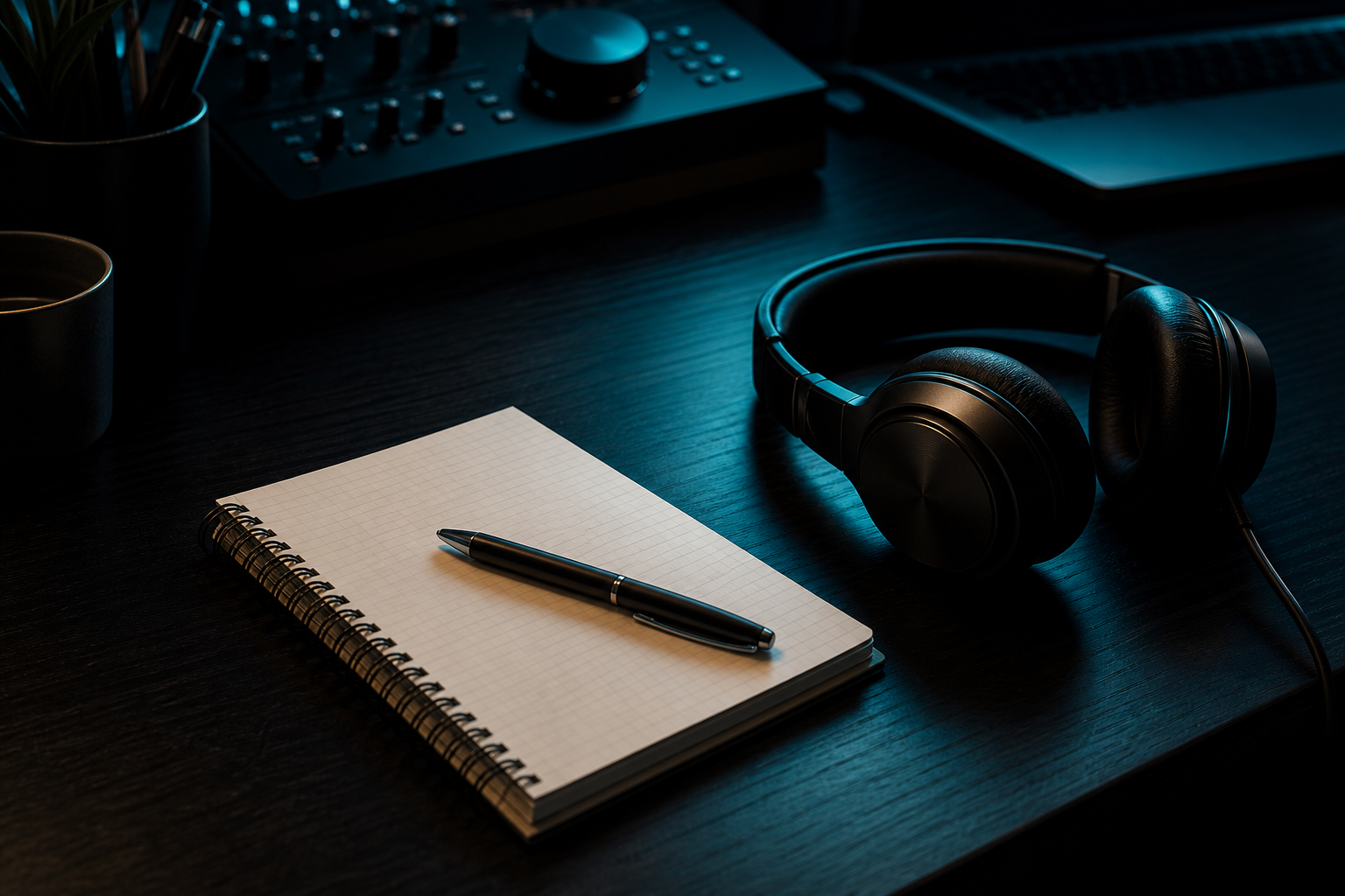 Notebook and headphones on a dark desk with teal accent light