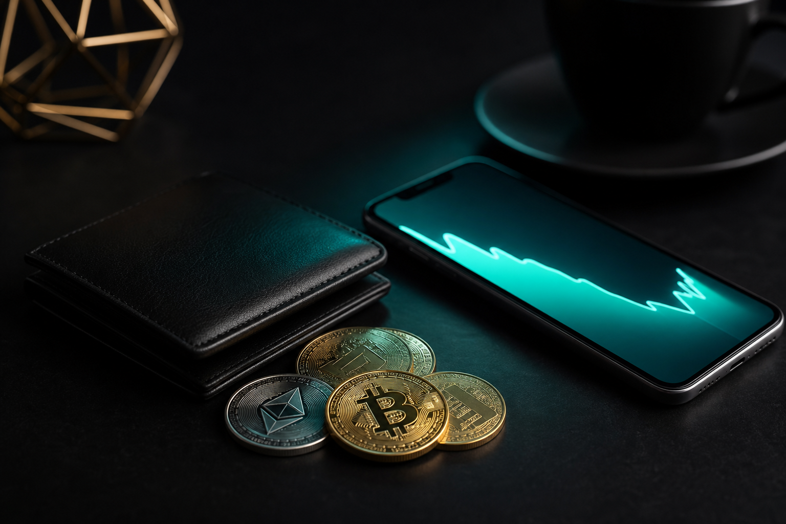 Wallet and phone with soft teal glow on a black surface