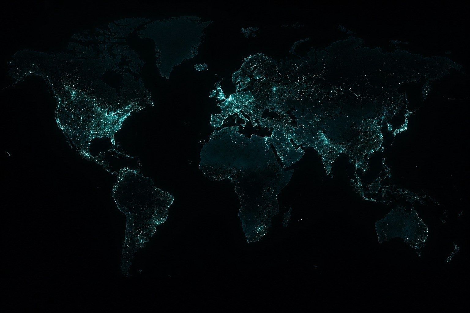 Abstract world map with teal light points on black