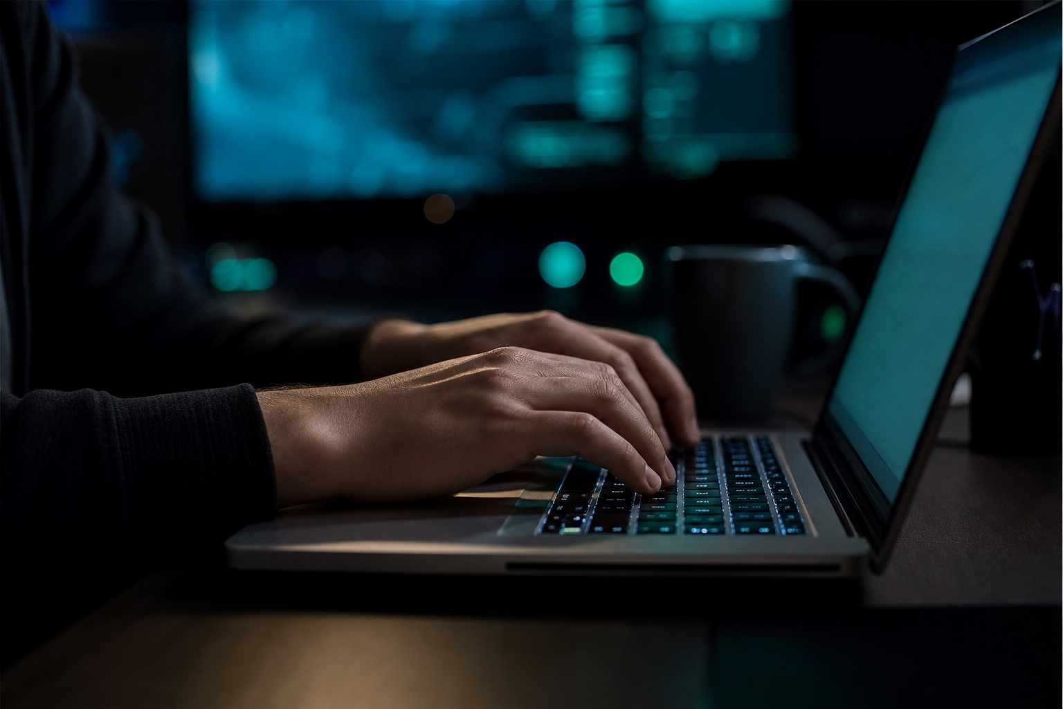 Hands typing on a laptop in a dim room with teal monitor glow